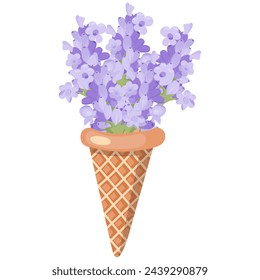 Lavender flowers in an ice cream cone. Vector illustration on white background.