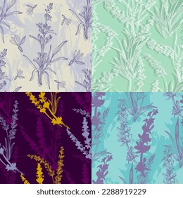 ilustración de flores de lavanda con lavanda y fondo de patrón sin fisuras. Patrón transparente para la tela, el papel y otros proyectos de impresión y web.