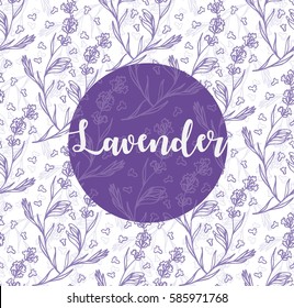 lavender flowers illustration with lavender word and seamless pattern background