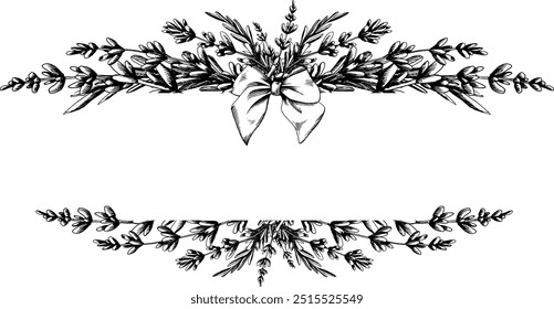 Flores e folhas de lavanda, ramos decorados com arco de cetim. Ilustração desenhada à mão com arte gráfica em tinta preta e branca. Horizontal, quadro retangular, modelo para texto