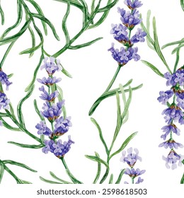 Lavender flowers and leaves, seamless pattern, watercolor. Hand drawn vector illustration. For the design of wrapping paper, textile, covers, fabric, wallpaper, banners.