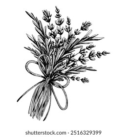 Lavender flowers and leaves, twigs collected in a bouquet and tied with a twine thread bow. Illustration hand drawn graphic line art black and white ink. Sublimation arrangement.