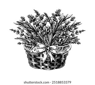 Lavender flowers and leaves, twigs collected in a bouquet in a wicker basket, decorated with a bow. Illustration hand-drawn graphic line art black and white ink. Sublimation arrangement.