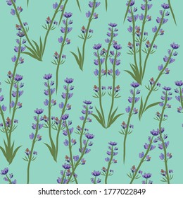 Flores De Lavanda Sobre fondo azul Seamless. patrón ininterrumpido vintage. Excelente para telas de verano retro, reserva de chatarra, envoltura de regalo y proyectos de diseño de papel pintado. Diseño de patrones de vector de superficie.