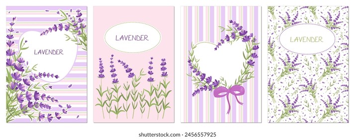 Lavender flowers on cute cards. Backgrounds for banners with flowers of Provence. Vector illustration isolated on white background. For poster, card, scrapbooking, stickers