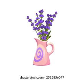 Flores de lavanda en un jarrón decorativo rosa. Jarra de Vector de dibujos animados aislada, adornada con un remolino púrpura, llena de un ramo de flores silvestres vibrante. Decoración del hogar, aromaterapia o artículo de diseño floral