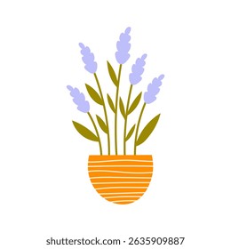 Lavender Flowers in Pot. Hand drawn potted plants win ceramic vase. Flat vector illustration. Scent Aroma Relax Calm symbol