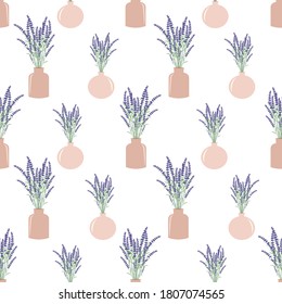 Lavender flowers in pots seamless pattern