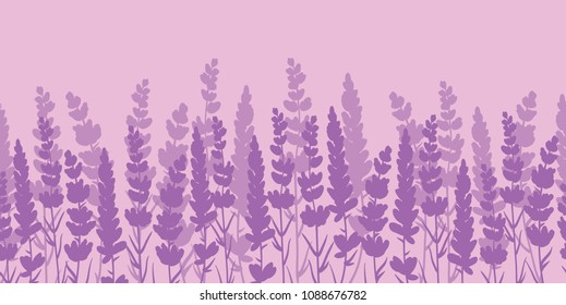 Lavender flowers purple border seamless pattern. Beautiful violet lavender flowers retro background and borders. Elegant fabric on light background. Surface pattern design.