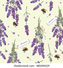 Lavender flowers seamless pattern with bees. Vector design for cosmetics, make up, store, beauty salon, natural and organic products, health care products,aromatherapy. Best for print, wrapping paper