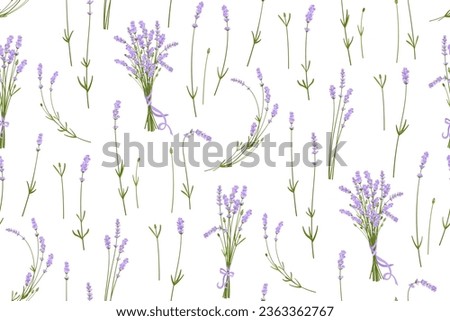 Lavender flowers seamless pattern. Floral branch and bouquet endless backdrop boho design. Herbal abstract boundless ornament. Hand drawn wedding background, nature leaves repeat packaging wallpaper