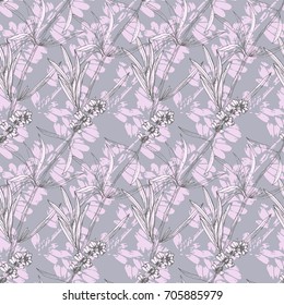 Lavender flowers Seamless Pattern. Pastel pale colored. Sketched art. Botanical background for wallpaper, fabric, home decor, apparel design, invitations, weddings, decoupage, scrapbook, wraps