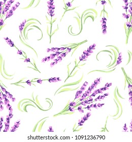 Lavender flowers seamless pattern. Watercolor natural illustration of Provence herbs.
