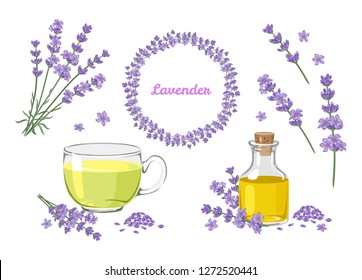 Lavender flowers. Set of floral design elements. Wreath, bouquet of lavender branches, tea, essential oil isolated on white background. Vector illustration in cartoon flat style.