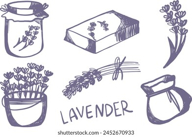 Lavender flowers set of isolated icons with bunches and pots and soap