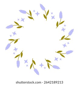 Lavender Flowers and Stars Circle Frame. Scented Floral round border with sprinkles. Purple good night wreath. Sleeping and relaxation label. Vector illustration
