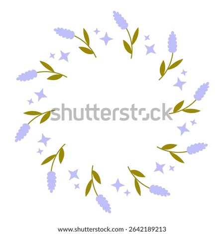 Lavender Flowers and Stars Circle Frame. Scented Floral round border with sprinkles. Purple good night wreath. Sleeping and relaxation label. Vector illustration