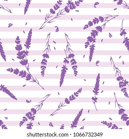 Lavender flowers and stripes vector repeat pattern. Beautiful violet lavender retro background. Elegant fabric on light background. Surface pattern design.