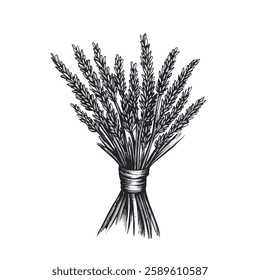 Lavender flowers tied in a bundle 3 colors engraving sketch black and white EPS 10