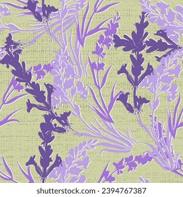 Lavender flowers vector seamless pattern. Beautiful retro hand drown doodle style floral backgrounds. Great for summer and spring textiles, banners, wallpapers, wrapping.