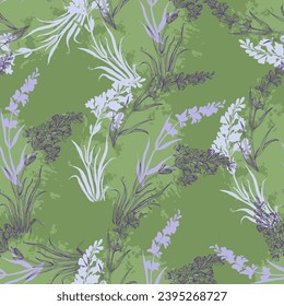 Lavender flowers vector seamless pattern. Beautiful retro hand drown doodle style floral backgrounds. Great for summer and spring textiles, banners, wallpapers, wrapping.