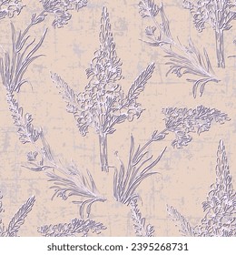 Flores de lavanda vectorial sin fisuras. Hermosas telarañas de estilo doodle retro ahogadas a mano. Excelente para textiles de verano y primavera, pancartas, papeles pintados, envoltura.