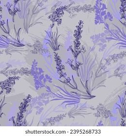 Lavender flowers vector seamless pattern. Beautiful retro hand drown doodle style floral backgrounds. Great for summer and spring textiles, banners, wallpapers, wrapping.