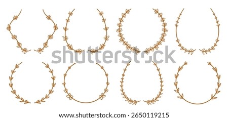 Lavender flowers and vines line circle laurel wreath collection in brown color. Vector illustration.