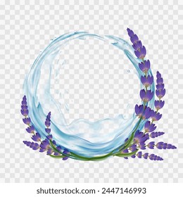 Flores de lavanda con salpicadura de agua aisladas sobre fondo transparente. Plantilla del bastidor. Ilustración vectorial de acciones