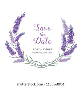 Lavender flowers watercolor elements. Collection of floral and leaves on a white background. Drawing watercolor design for save the date, invitation, wedding or greeting cards.