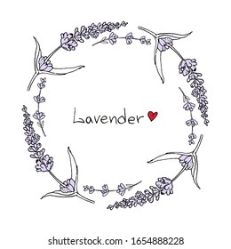 The lavender flowers of wild and cultivars. Floral wreath. Cute vintage floral. Ink hand drawn lavender sketch. Vector illustration.