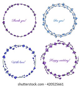 Lavender flowers wreath isolated on a white background, Round frame hand drawn doodle vector sketch herbal vintage graphic engraving collection, set for cards, invitation, wedding design, cosmetics