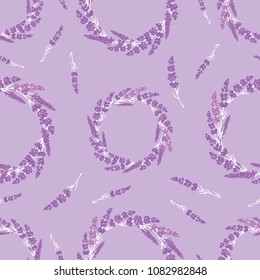 Lavender flowers wreaths purple seamless pattern. Beautiful violet lavender retro background. Elegant fabric on light background Surface pattern design.