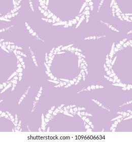 Lavender flowers wreaths repeat pattern. Beautiful violet lavender retro background. Elegant fabric on light background Surface pattern design.