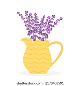 Lavendelblumen in einer gelben Vase. Vektorgrafik einzeln auf weißem Hintergrund.