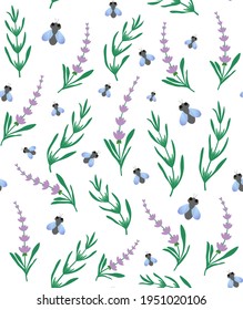 Lavender and fly seamless pattern. Floral and insect background.