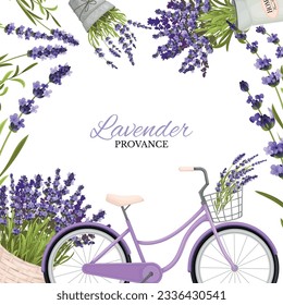 Lavender frame composition with ornate text surrounded by bunches of violet flowers and purple bicycle image vector illustration