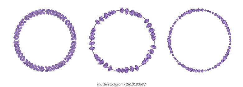 Lavender Frame Set for Design. Hand Drawn Round Border Line Leaves and Flowers Wedding Invitation and Cards Logo Design and Poster Template. Elegant Minimalist Floral Set