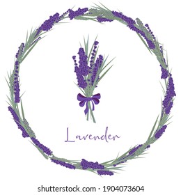 lavender frame, wedding, circle round wreath lila flowers leaves. vector herbal plant set. Save the date card
