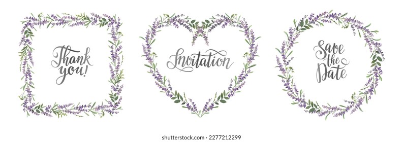 Lavender frames set. Lavender collection for wedding invitation, posters, save the date, greeting card. Vector illustration.