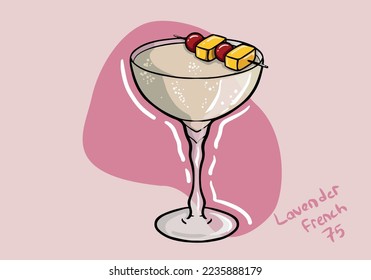 Lavender French 75 Cocktail in glass. Summer aperitif recipe. Retro minimalist print. Card with alcoholic beverage with tropical palm shadow. Vector illustration.