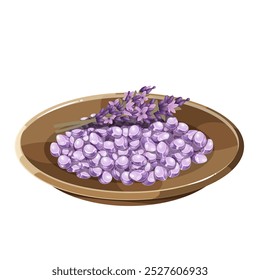 Pétalas frescas de lavanda e ramos de flores de desenho animado em placa. Tigela marrom cheia de folhas delicadas violeta para comida, bebida e aromaterapia. Planta comestível, mascote de aroma, ilustração de vetor de lavanda de desenho animado