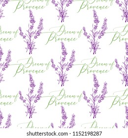 Lavender green purple outline floral seamless with lavender grass and dream of Provence lettering. Vintage sketch. Botanical illustration on white background. Vector pattern or card design.