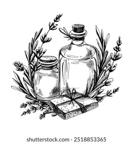 Lavendel handgemachte Kosmetikgläser, Seife mit Faden und Schleife gebunden, Blumen, Zweige. Illustration handgezeichnete grafische Linie Kunst schwarz-weiße Tinte. Sublimationsvereinbarung