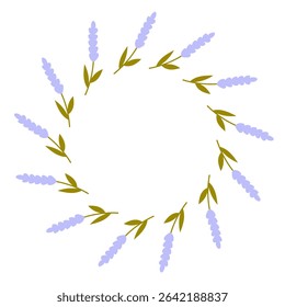 Lavender Herbal Frame. Circle Floral Border with scented purple flowers and leaves. Rustic twigs for greeting cards and invitations. Vector illustration