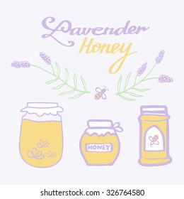 Lavender honey set. Hand-drawn herbal honey jars cartoon collection with calligraphic signs. Doodle drawing. 