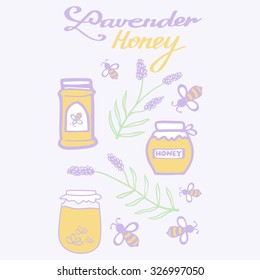 Lavender honey set. Hand-drawn herbal honey jars cartoon collection with calligraphic signs. Doodle drawing. 