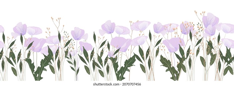 Lavender horizontal seamless pattern. Wallpaper template with delicate purple flowers. Lilac buds. Vector illustration. Flower Road.