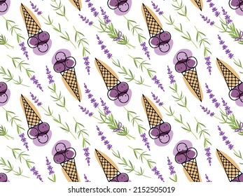 Lavender Ice Cream Seamless Pattern. Ice Cream And Plant Repeated Vector Illustration. Purple Green Food Template For Cafe, Restaurant Menu, Textile, Wallpaper, Scrapbooking, Wrapping Paper.