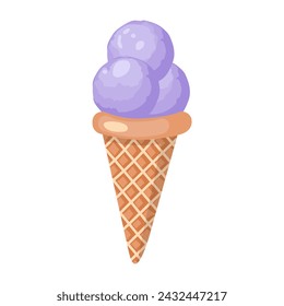 Lavender ice cream. Three balls of creamy sweet dessert in a waffle cone. Purple sorbet. Vector illustration on white background.